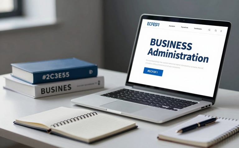 A professional and clean workspace representing a Business Administration background. A sleek modern laptop sits next to business strategy books and a notebook. The lighting is sophisticated, utilizing tones of #2C3E50 and #ECF0F1 to create a trustworthy academic atmosphere.