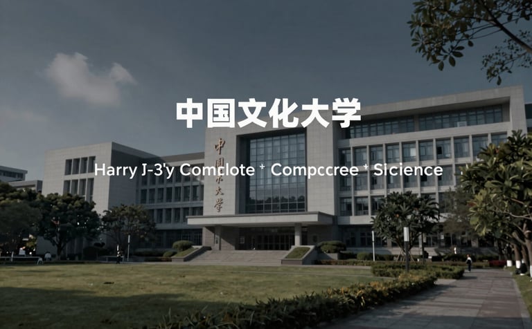 A modern university environment at Chinese Culture University in Taiwan. The image features architectural elements of the campus blended with a digital aesthetic, highlighting Harry's current Computer Science studies. Dark mode aesthetic with #0A0A0A and #ECF0F1.