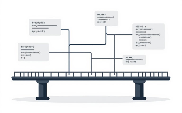 A conceptual technical illustration showing the bridge between business and technology. Abstract data streams and Python code snippets are integrated into a clean, minimalist design using #0A0A0A and #B3A38C colors. The vibe is tech-forward and innovative.