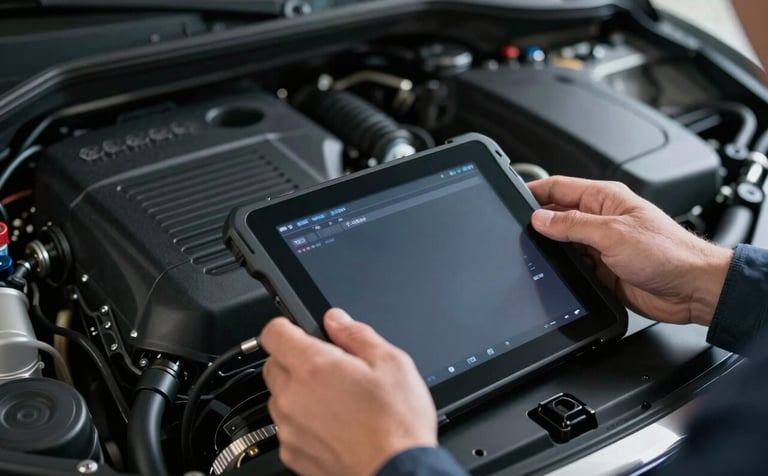 A close-up shot of a mechanic's hands using a high-tech diagnostic tablet connected to a sophisticated engine bay of a Volkswagen. Lighting is cool and professional, dominated by deep charcoal black and dark slate gray tones.