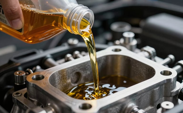 A macro photograph of clean, golden engine oil being poured into a high-performance engine. The background is a clean, dark premium garage setting. The light reflects off the metallic surfaces of the engine parts.