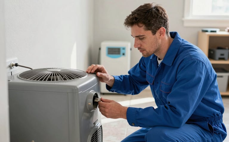 A professional HVAC technician wearing a bright blue uniform inspecting a modern furnace in a clean North American / US residential basement. The lighting is crisp and natural, highlighting a sense of expertise and reliability. Equipment in the background features subtle soft light blue accents.