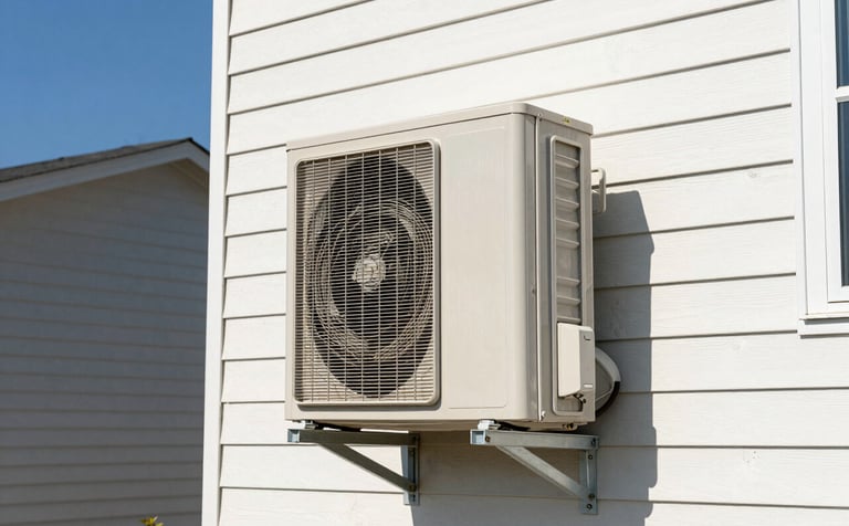 A modern outdoor air conditioning unit installed beside a clean North American / US suburban home with off-white siding. The image is captured in bright, professional photography style under a clear bright blue sky, conveying efficiency and modern home care.