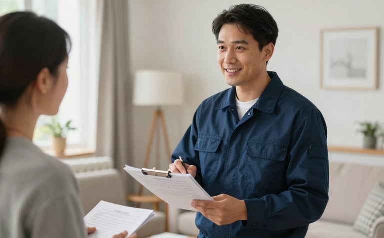 A friendly service technician in a dark slate blue uniform discussing a maintenance report with a homeowner in a bright North American / US living room. The composition is warm and inviting, using soft light blue and off-white tones to suggest professionalism.