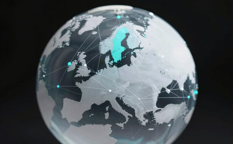 A sleek, minimalist globe with thin-line connectivity paths stretching across the European Union. Soft lighting in white and cyan, emphasizing market access and connectivity for crypto assets in a regulated environment.