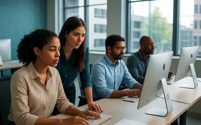 A high-end North American digital lab featuring sleek silver Apple computers. A diverse group of focused professionals collaborates in a bright, modern workspace with soft blue and teal accents. Natural light streams through large windows, highlighting a professional and inspiring atmosphere.