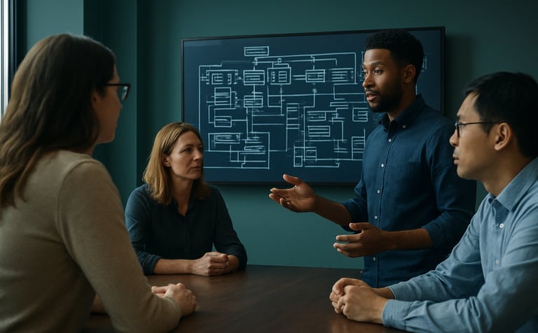 An inclusive collaborative session in a North American tech hub. Colleagues are gathered around a large display in a sophisticated teal-walled room, discussing complex software architecture. The mood is forward-thinking and innovative, with a focus on high standards.