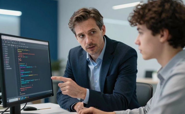 A professional close-up of a mentor and a student in a modern office. They are discussing code shown on a monitor screen. The room is decorated in tones of deep blue and light blue-grey, emphasizing a collaborative and intelligent environment.