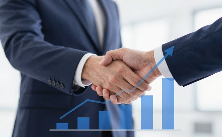 A conceptual image of financial empowerment showing a digital graph trending upwards and a handshake in the background, professional corporate style, colors #1C2E4A and #F0F4F8, soft depth of field, bright and optimistic lighting.