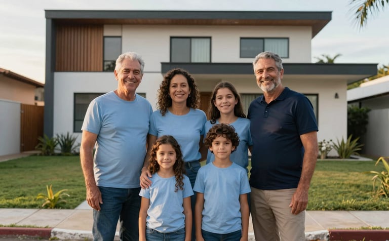 A happy family standing safely in front of a contemporary home in a South American / Brazilian neighborhood. The lighting is soft morning sun. The colors of their attire harmonize with Light Blue and Dark Navy, emphasizing protection and security.