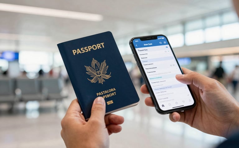 A close-up shot of hands holding a passport and a smartphone displaying a travel itinerary, taken in a bright South American / Brazilian airport or lounge. The aesthetic is modern and clean with tones of Steel Blue and Off-White.
