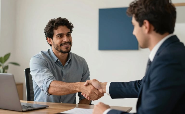 A professional man in a modern South American / Brazilian office environment, shaking hands with a client across a desk. The scene is lit with warm, natural light. The background features clean walls in Off-White and subtle decor in Steel Blue, projecting trust and reliability.