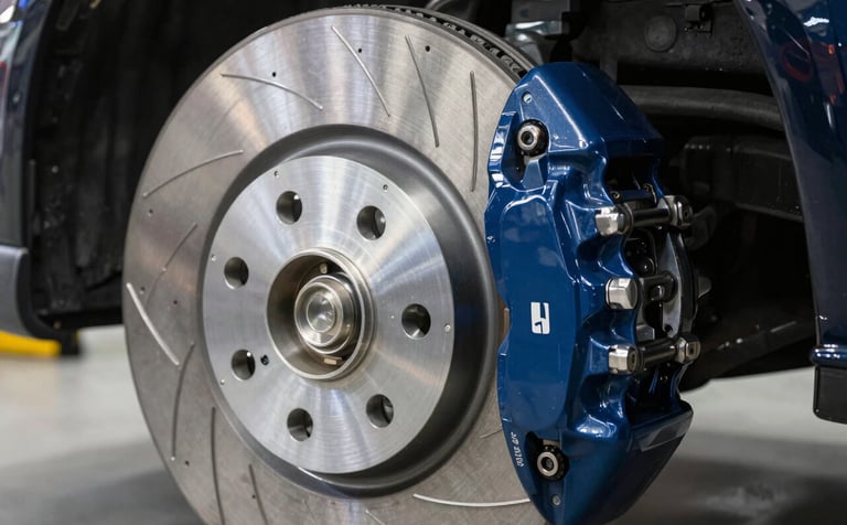 Professional close-up of high-performance metallic brake rotors and calipers in a North American US automotive garage. Sleek silver and dark blue tones, sharp focus on mechanical textures, soft diffused lighting.