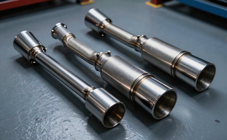 High-end automotive workshop in the US featuring chrome performance exhaust components. Dramatic lighting highlighting metallic surfaces and high-performance engineering. Silver and medium blue-grey palette.