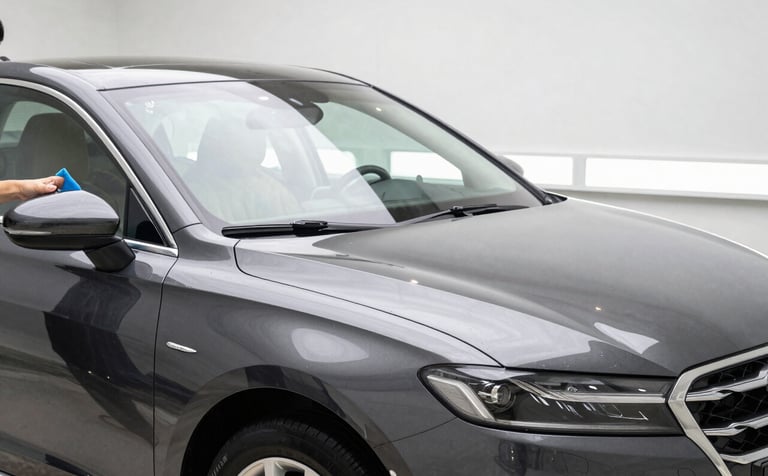 A clean, modern North American US detailing bay with a polished dark sedan. A professional is applying a high-gloss finish. Bright, informative atmosphere with silver and off-white accents, crisp reflection on paint.