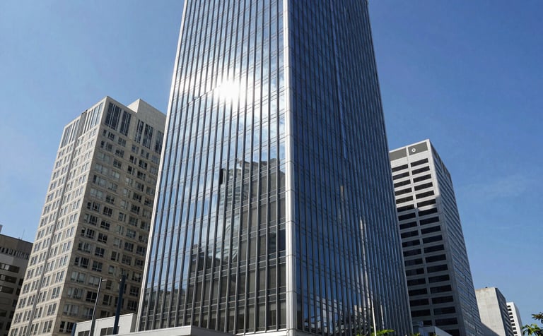 Wide shot of a modern glass skyscraper in a South American business district like Avenida Paulista, bright blue sky reflecting on the windows, clean and professional atmosphere.