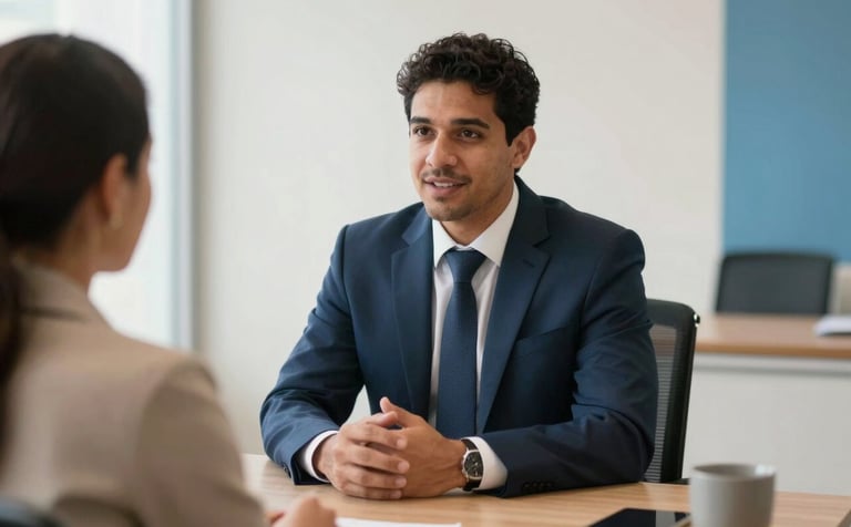 Photography of a professional South American lawyer in a bright, modern office in Brazil, having an empathetic conversation with a client across a desk, natural soft lighting, off-white and medium blue tones in the background.