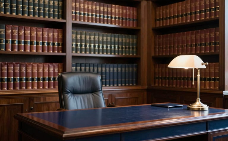 A sophisticated legal library in a Brazilian law firm, featuring rows of leather-bound books and a dark navy wooden desk with a classic lamp, conveying professionalism and confidentiality.