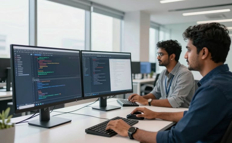 A professional and modern software development office in Chennai, South Asian developers collaborating at sleek workstations with high-end dual monitors displaying code and web interfaces, bright natural light through large windows, clean corporate aesthetic with navy blue and white accents.