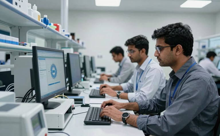 An innovative laboratory setting where South Asian engineers are working with AI automation systems, clean white laboratory desks with high-tech equipment, professional corporate environment in South Asia, focused on digital transformation.