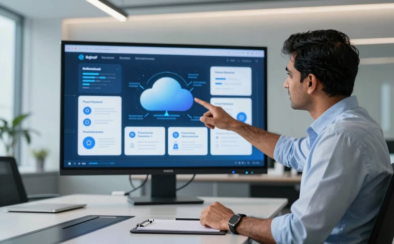 A sleek technology boardroom in India with a high-tech feel, a South Asian professional pointing at a digital screen showing cloud infrastructure and mobile app mockups, modern furniture, lighting in medium blue and white tones.