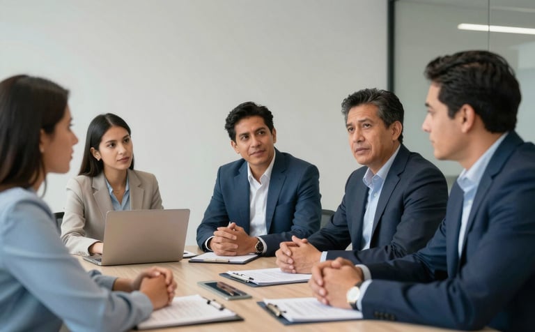 A collaborative scene of Latin American insurance brokers discussing strategy in a contemporary meeting room. Soft, professional lighting highlights a sense of teamwork and accessibility. The attire is professional-casual. Palette features medium blue and off-white tones.