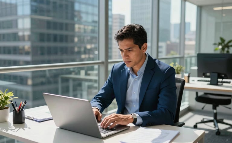 A high-angle professional photograph of a Latin American executive working in a modern, glass-walled office in a metropolitan business district. The scene is bright with natural sunlight, featuring a clean desk and a focus on efficiency. The color palette includes accents of deep blue and light blue in the office decor.
