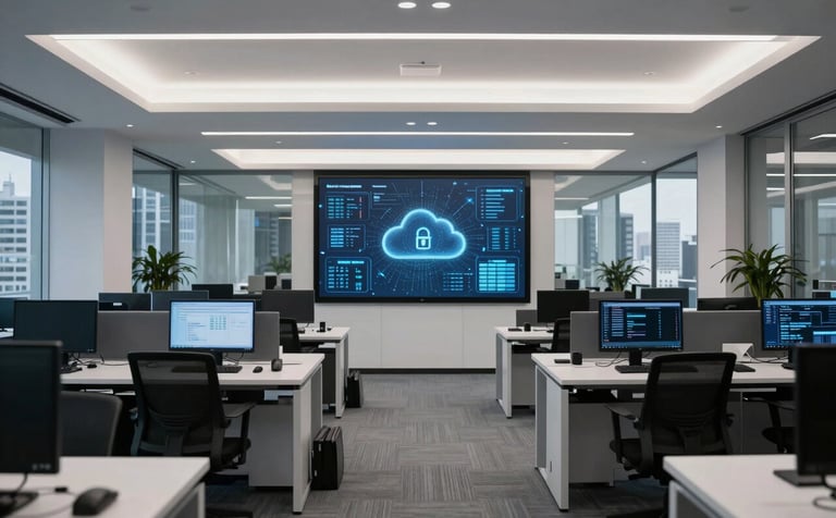 Photography of a sleek, modern corporate environment in a Latin American city, focusing on a high-tech workspace that represents cloud infrastructure and data security. The composition is professional and symmetrical, with cool lighting emphasizing a modern and secure atmosphere.