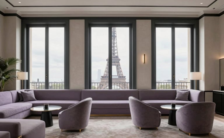 A wide shot of a minimalist, luxury lounge in a European / Parisian French hotel. Architecture is clean with dark charcoal lines and soft off-white textures. Large windows showing the Eiffel Tower in the distance. High-end modern furniture in muted lavender grey. Professional photography, bright and airy.