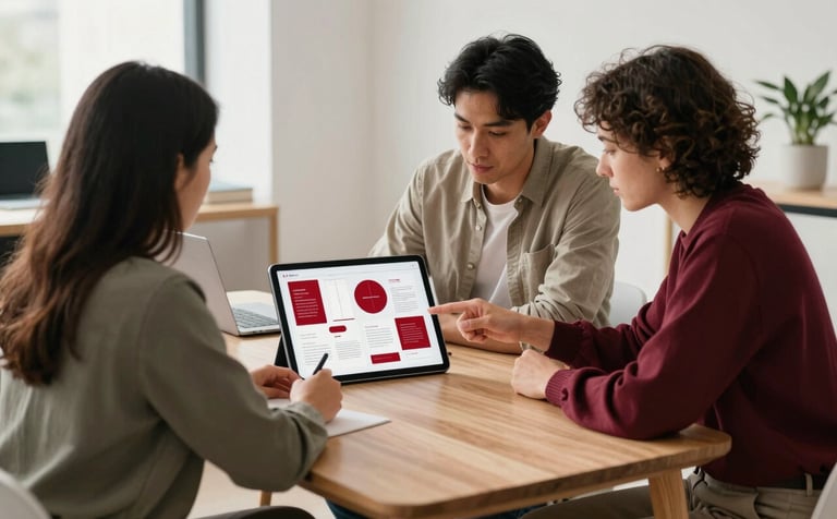 A collaborative marketing team meeting in a bright, modern North American office. Two professionals review high-contrast visual brand strategies on a large tablet. The interior features clean lines, Scandinavian wood furniture, and a Crisp Parchment and Deep Ripe Crimson palette.