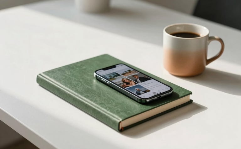 A minimalist, Scandinavian-style desk in a North American office. A clean white surface holds a Matte Forest Green journal, a modern smartphone showing social media feeds, and a warm ceramic mug. Soft natural morning light creates an approachable, professional mood.