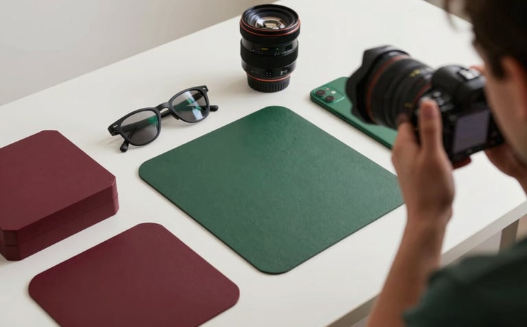 Behind-the-scenes photography in a high-end North American marketing studio. A professional photographer is capturing a flat lay of high-tech gear and organic textures. The scene features sophisticated Deep Ripe Crimson and Matte Forest Green color accents.