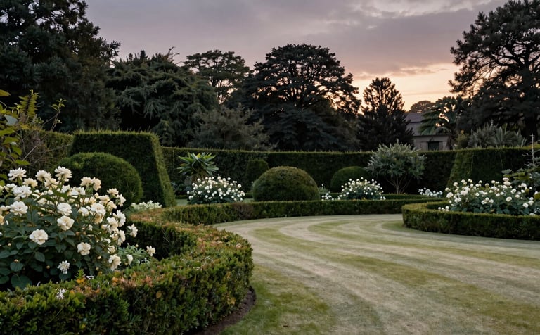 A wide landscape shot of a manicured estate garden at twilight, with soft off-white blooms, dark forest green sculpted hedges, and a serene pale olive lawn.