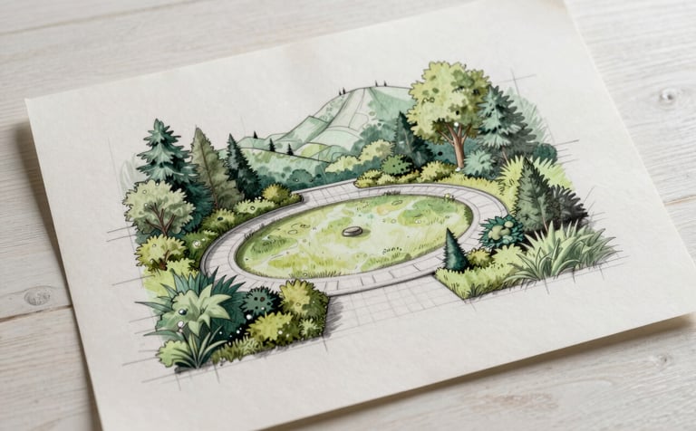 A top-down architectural view of a garden design sketch on parchment paper, featuring subtle sage green pencil accents and dark forest green landscape symbols, set against a soft off-white wooden table.