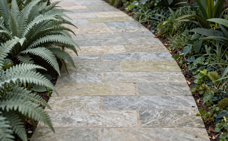 A close-up of a premium stone walkway made of pale olive natural stone, bordered by lush sage green ferns and dark forest green groundcover, captured in soft morning light.