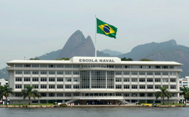An authoritative wide shot of the Escola Naval building in Rio de Janeiro, with the Brazilian flag waving. The composition is clean and modern, evoking a sense of history and prestige. Palette includes #F8FBF8 and #1A1E1C.