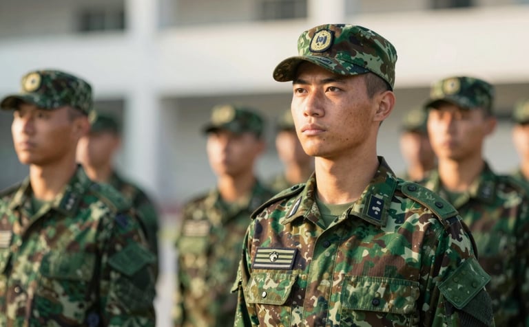 A focused Brazilian Marine recruit in a green camouflage uniform standing at attention during training. The lighting is crisp morning sun, creating a serious and disciplined atmosphere. Style: Professional military photography using #3E544D and #1A1E1C tones.