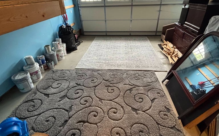 Two cleaned area rugs drying side-by-side in a garage.
