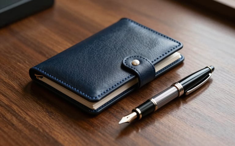 A high-end, professional close-up of a leather-bound folder and a high-quality fountain pen on a polished mahogany desk. The lighting is warm and authoritative, with soft pearl and midnight navy tones reflecting off the desk surface. Minimalist and corporate atmosphere.