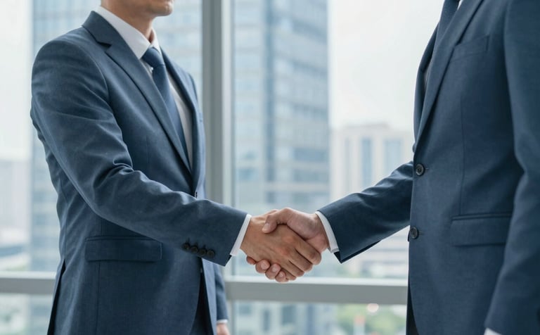 Two professionals in corporate attire shaking hands in a bright, modern glass-walled office in a high-rise building. The background shows a blurry cityscape. The palette is dominated by slate blue and soft pearl light, emphasizing trust and modern efficiency.