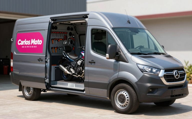 A professional Carlos Moto Services branded mobile van, rear doors open, parked on a paved driveway. Inside is a neatly organized wall of tools and a motorcycle. Bright daylight. Colors: Metallic tones, #1F1F1F van, and #A03222 logo on the vehicle side.