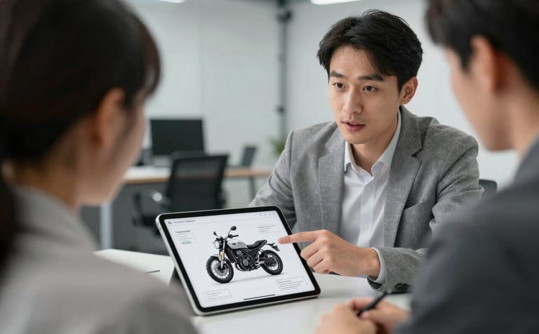 A close-up of a professional consultant pointing at a technical motorcycle diagram on a tablet, talking to a client in a modern office. The background shows a blurry but clean garage. Colors: Neutral grays and whites with sharp black contrasts, reflecting #1F1F1F and #606060.
