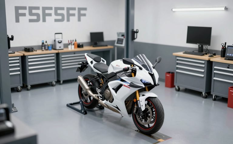 A wide, high-angle shot of a pristine motorcycle workshop with modern equipment. A high-performance sportbike is on a hydraulic lift. The floor is clean gray epoxy. The lighting is bright and clinical. Branding colors #F5F5F5 and #1F1F1F are dominant with subtle #A03222 highlights on tool cabinets.