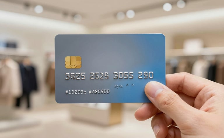 Close-up of a sleek, modern credit card in shades of #1D2D3E and #A8C9D8, held by a person. The background is a blurred, high-end shopping environment, suggesting freedom and purchasing power. Professional studio lighting.