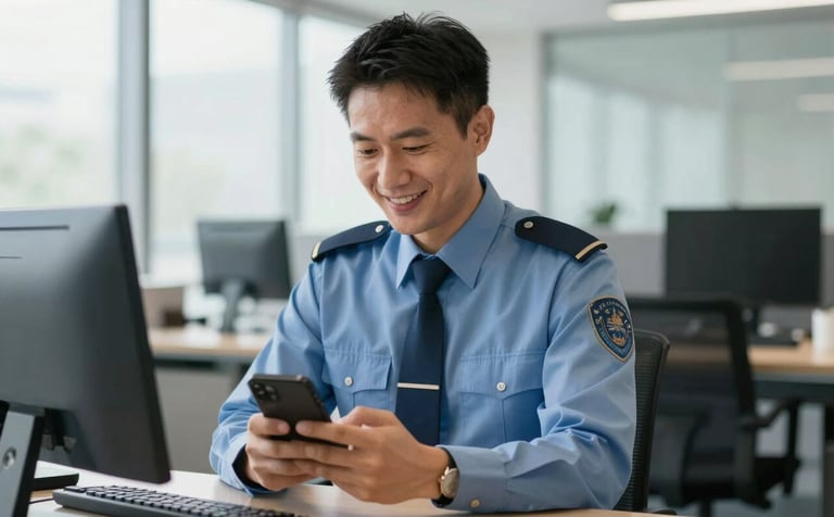 A professional man in his 40s, a federal civil servant, working in a clean, modern office with large windows. He is smiling confidently while looking at his smartphone. The atmosphere is efficient and trustworthy. Incorporates #1D2D3E and #4A7C8E colors in his attire and the office accents.