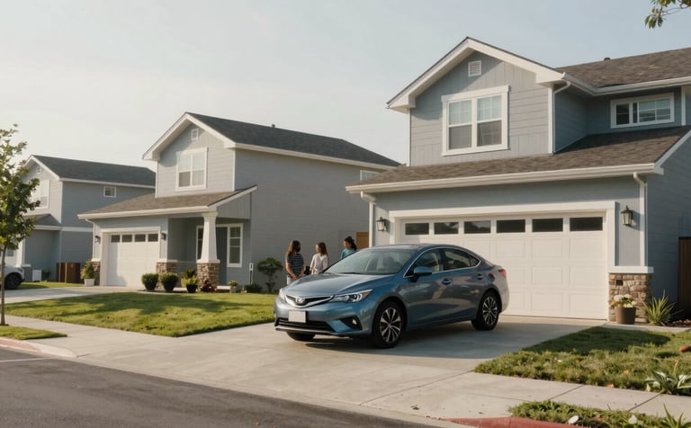 A sun-drenched North American / US residential street with a modern family home. A steel blue car is parked in the driveway. The image is clean and high-resolution, featuring soft mist skies and a sense of safety.