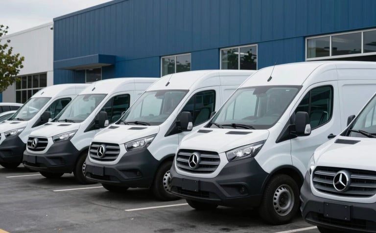 A professional commercial setting in a North American / US business park. Several white cargo vans are parked in a row, symbolizing fleet protection. Steel blue and midnight blue tones convey stability and trust.