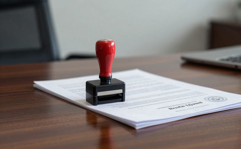 A close-up of a notary stamp and professional documents on a polished wood desk in a North American / US office. The background is a soft mist wall.