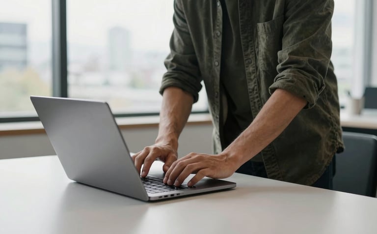 A sharp, high-contrast photograph of a person in North American casual attire using a sleek silver laptop in a bright, modern minimalist studio in Vancouver. Natural light filters through a large window, creating a clean, professional atmosphere.