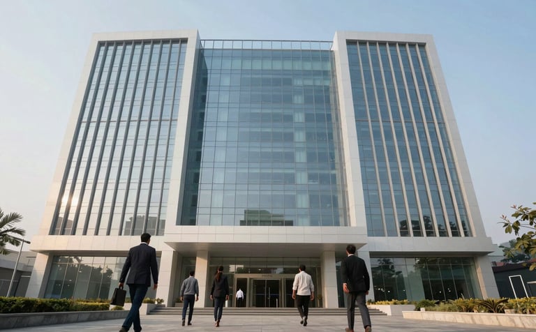 A wide-angle professional photograph of a contemporary glass-walled corporate building in Noida. The architecture features clean lines and a mist-white facade. In the foreground, professional business people in a South Asian / Indian city are walking towards the entrance during a bright morning. The sky is a soft blue, reflecting on the glass.